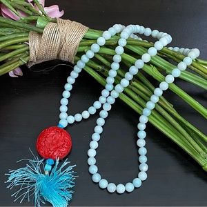 Flower Carved Cinnabar Beaded 32” Mala Necklace